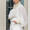 delta white blouse with pearls
