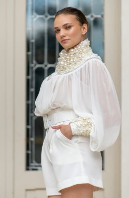 delta white blouse with pearls